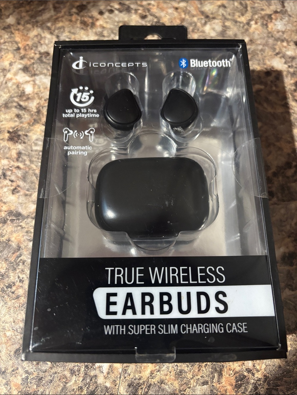 iCONCEPTS True Wireless Bluetooth Earbuds Black w/ slim charging case NEW